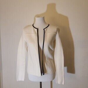 Talbots petite ivory cardigan with black faux leather trim